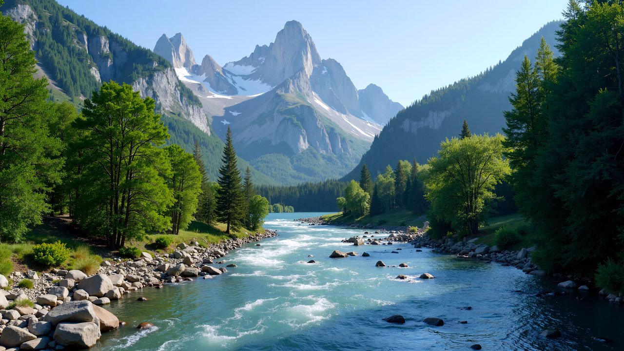 A tranquil mountain river landscape with vibrant turquoise water and lush greenery.