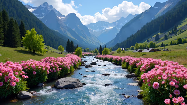 Mountain River with Pink Flowers