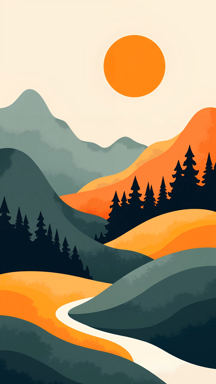 A peaceful mountain sunset with rolling hills and silhouetted trees.