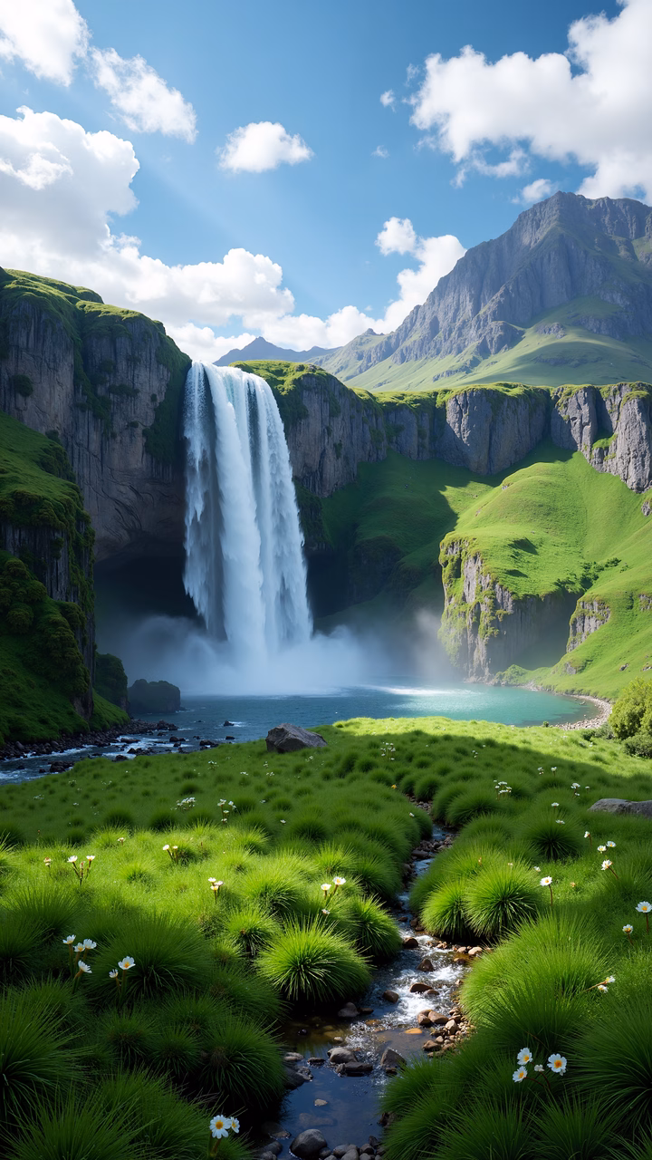 A majestic mountain waterfall surrounded by lush greenery and a tranquil lake under a clear blue sky.