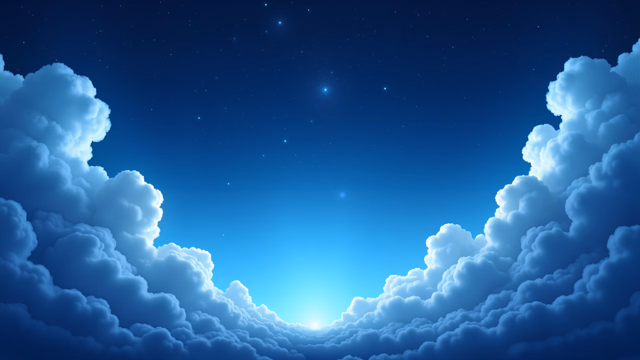 A tranquil night sky with fluffy clouds and twinkling stars.