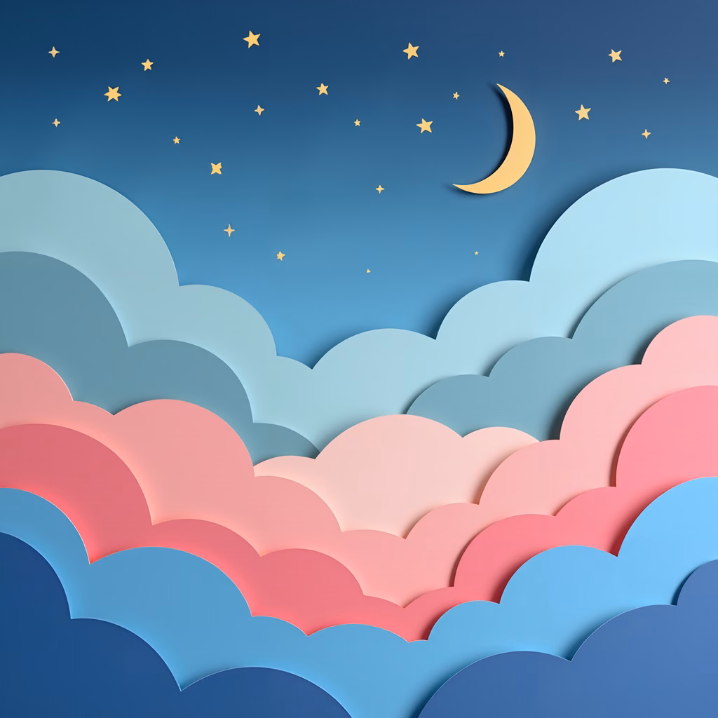 Whimsical night sky with pastel clouds and crescent moon, perfect for children's art.