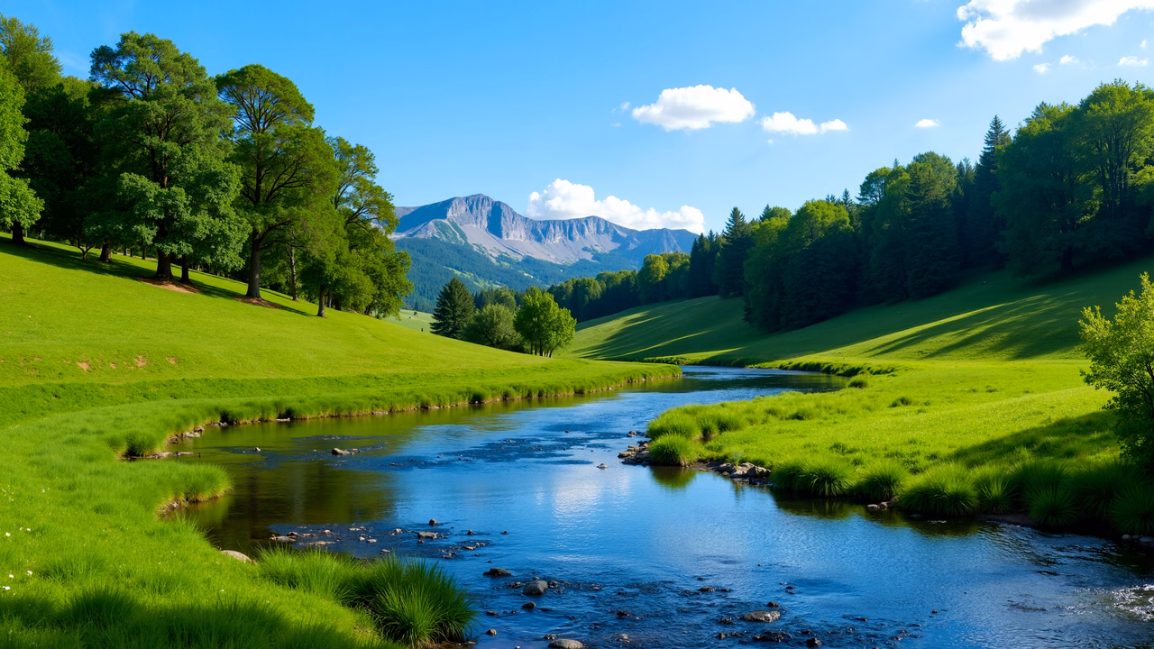 A peaceful countryside scene with rolling hills, a river, and mountains in the background.