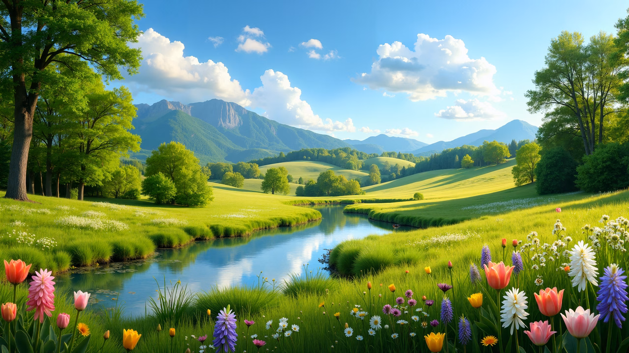 A picturesque illustration of a tranquil countryside with blooming flowers and rolling hills.