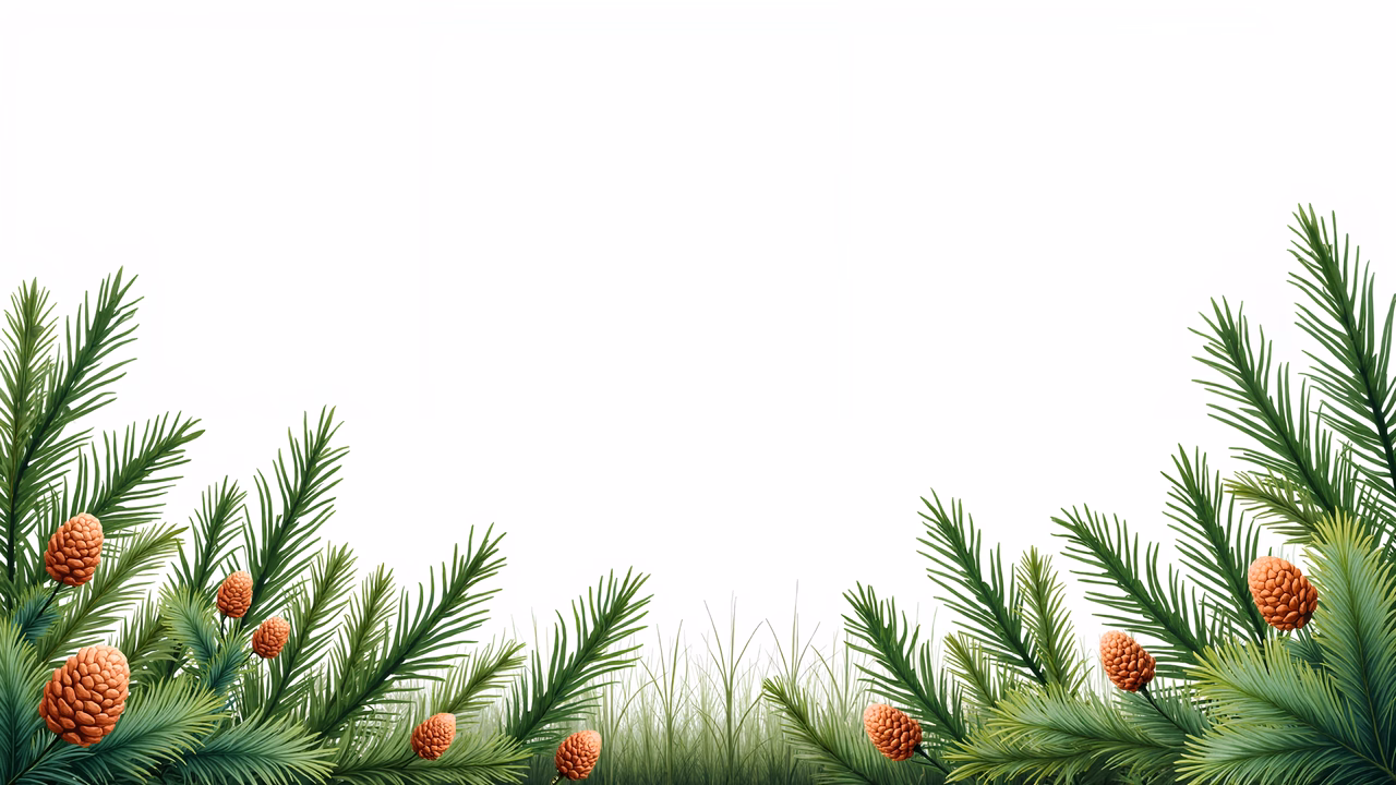 Detailed pine branches with vibrant green needles and brown pine cones against a soft gradient background.