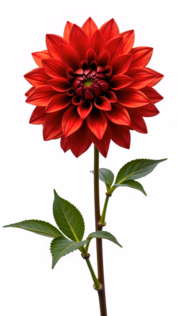 Vibrant red dahlia on a white background, floral photography, bold elegance