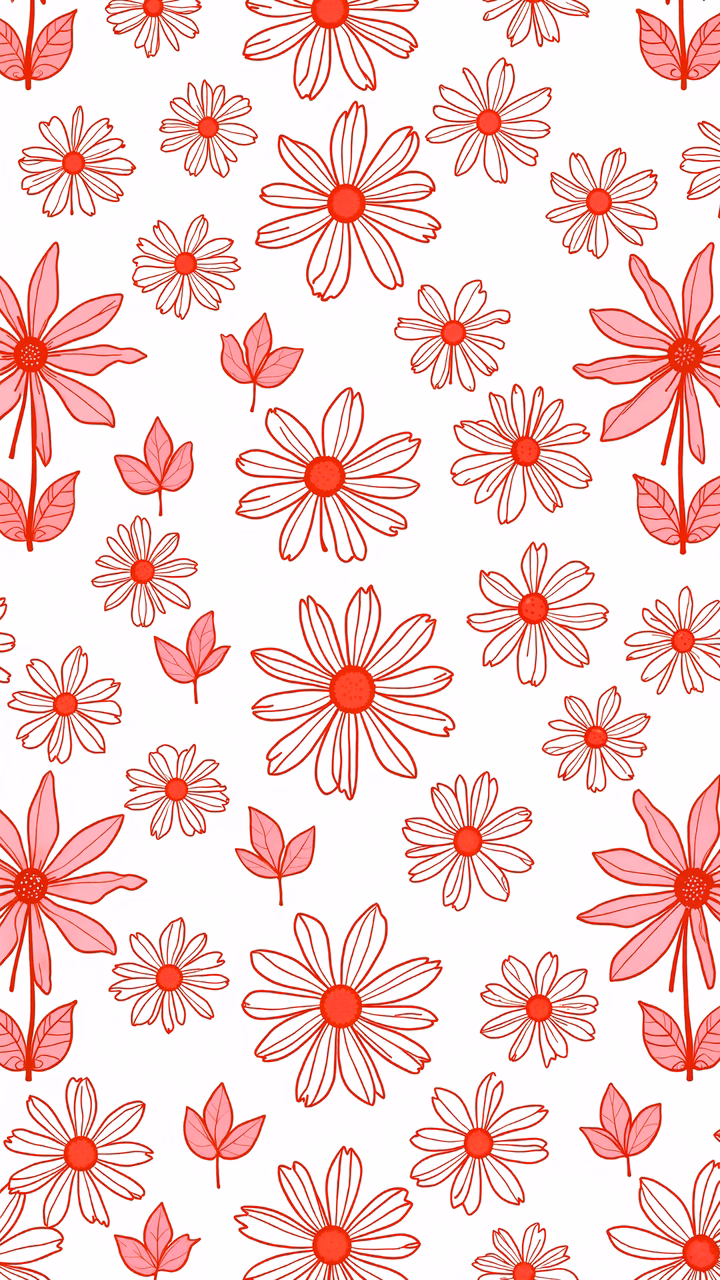 Vibrant red daisy pattern on a white background, minimalistic and cheerful.