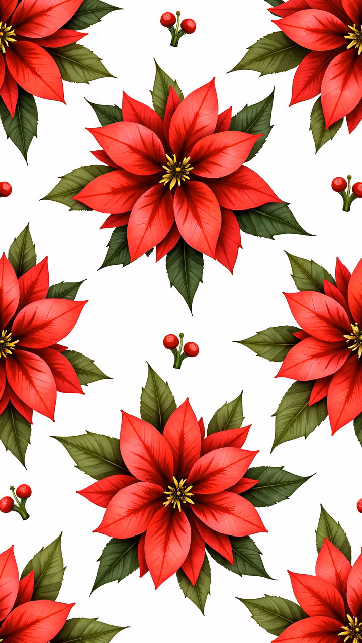 Vibrant red poinsettia illustration with lush green leaves on a white background.