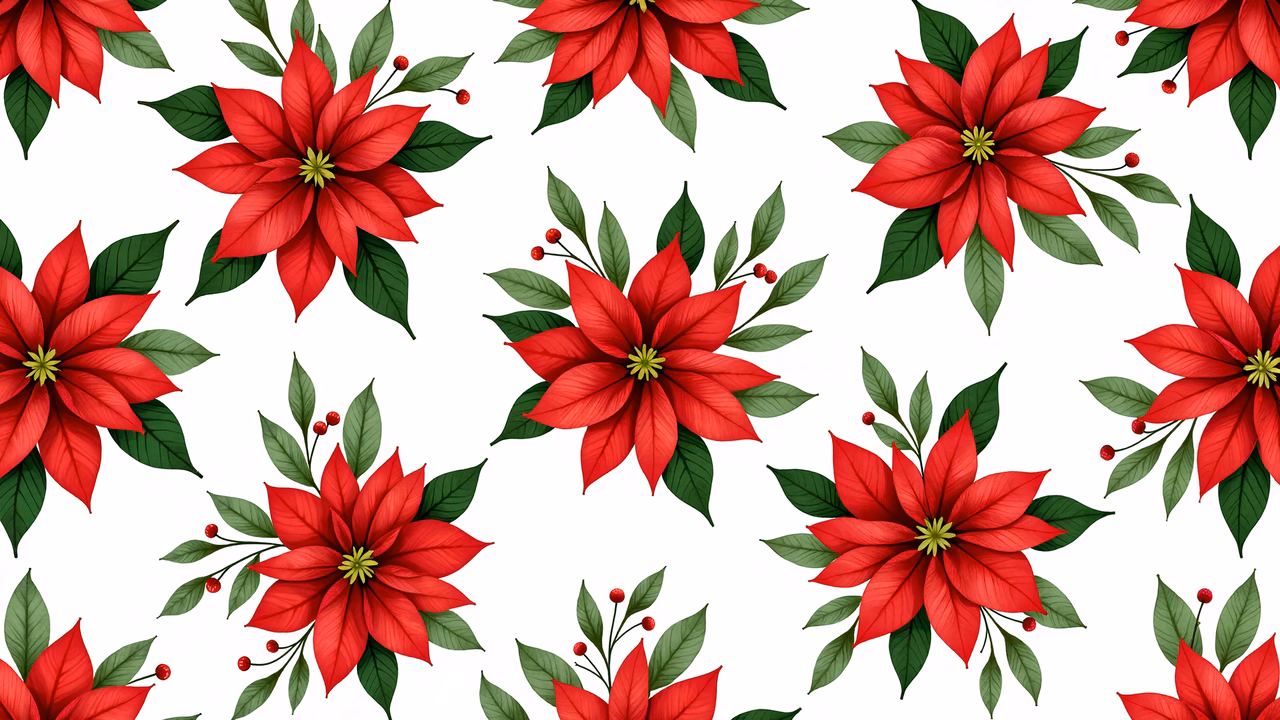 Vibrant red poinsettias in a festive pattern design.