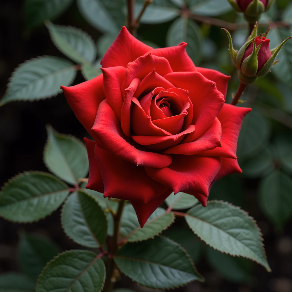 Close-up of a vibrant red rose with lush green leaves, evoking elegance and romance.