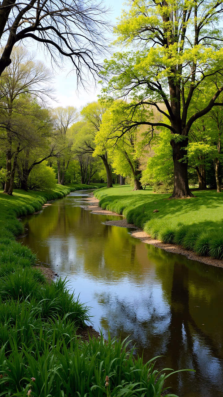 A peaceful river surrounded by vibrant spring foliage in a natural setting.