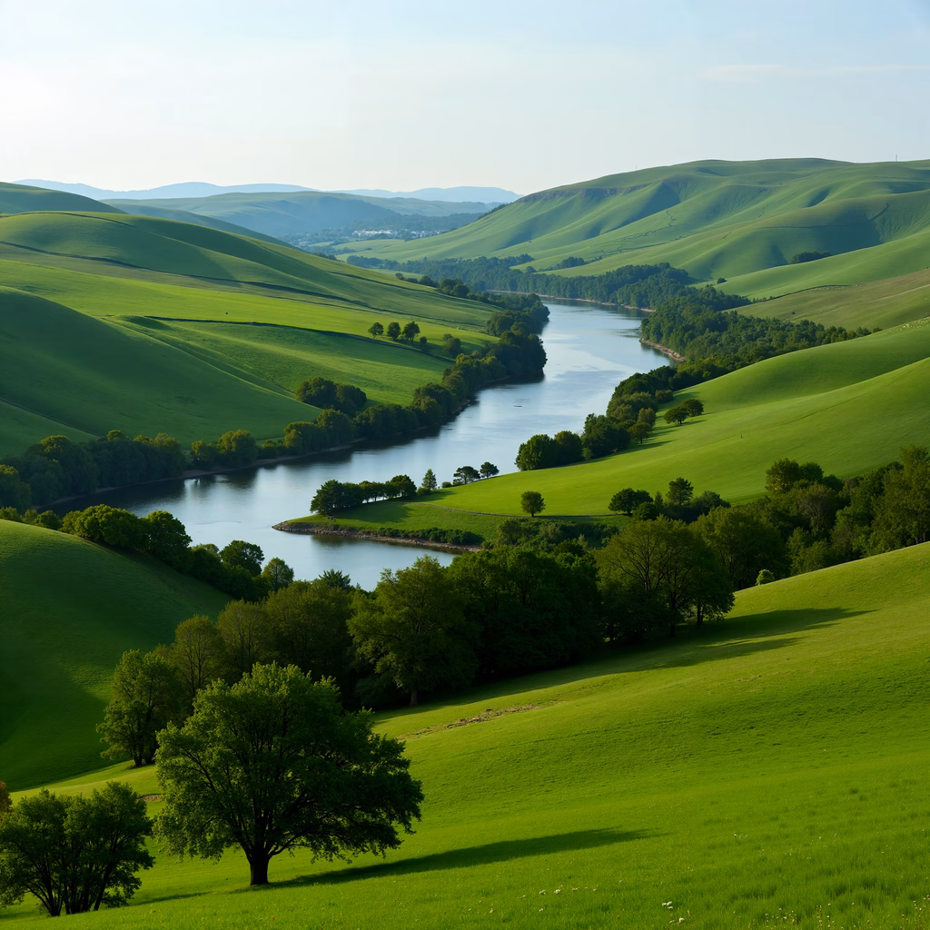 Vibrant green hills and a serene river in a tranquil landscape setting.