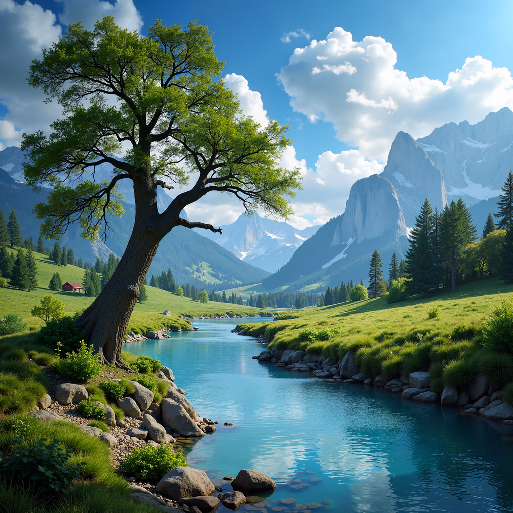 A peaceful nature scene with a tree, river, and mountains under a sunny sky.