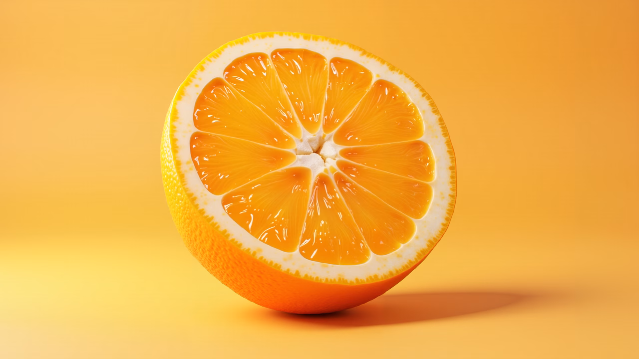 Brightly colored, detailed illustration of a sliced orange.