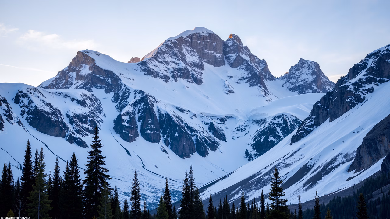 Snow-capped mountains and evergreen trees create a serene landscape.