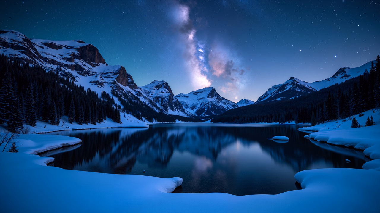 A stunning night scene of a snowy lake under the Milky Way, showcasing the beauty of nature in its serene state.