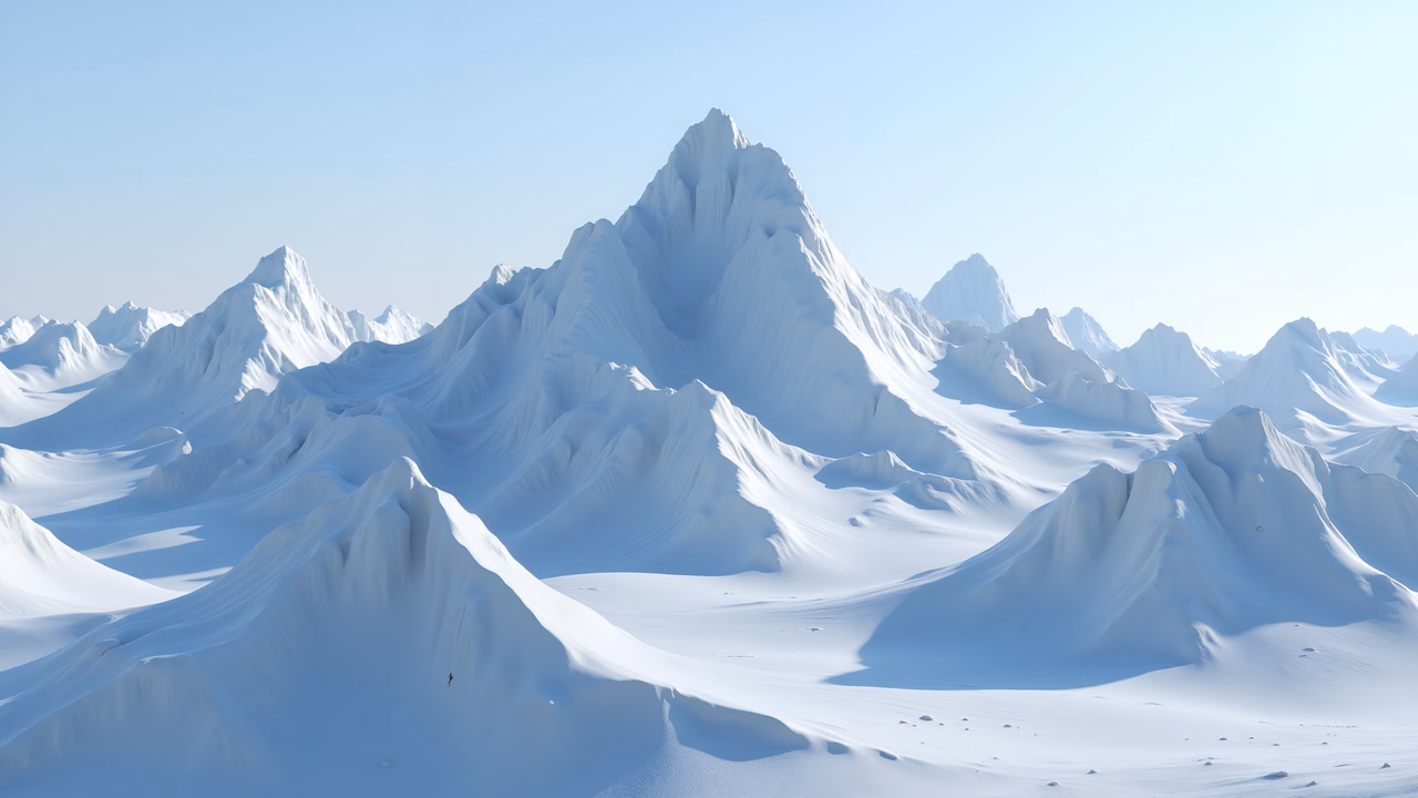 A tranquil winter scene featuring snow-covered mountains under a clear blue sky.