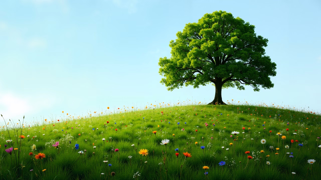 Solitary tree amidst a colorful meadow under a clear blue sky.