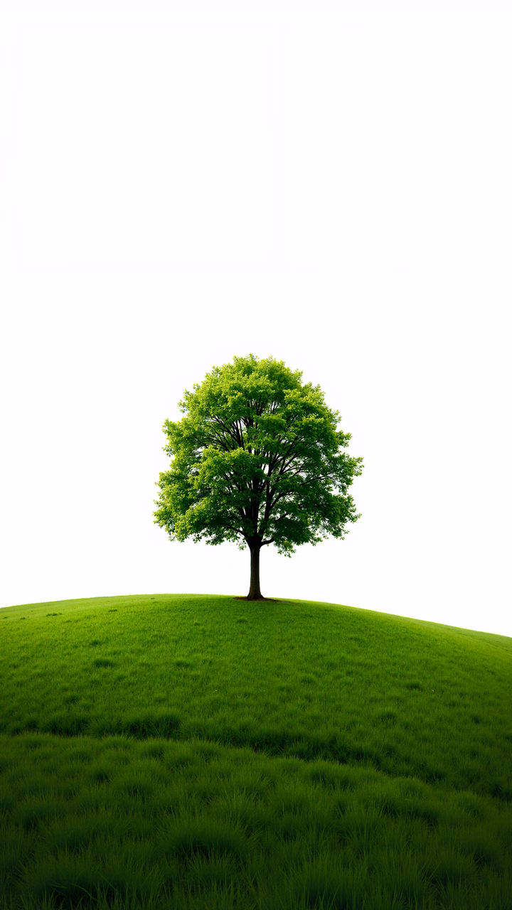 A lone tree on a green hill under a clear sky, symbolizing tranquility and solitude.