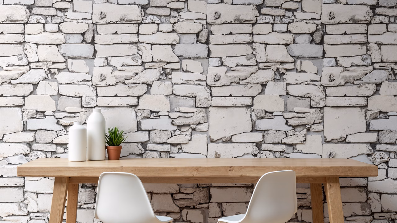 Minimalist stone wall backdrop with wooden table and white chairs, creating a serene interior design setting.