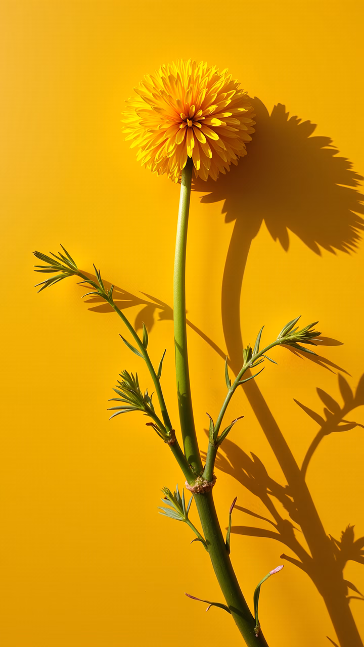 Bright yellow flower with intricate shadows on a solid yellow background.