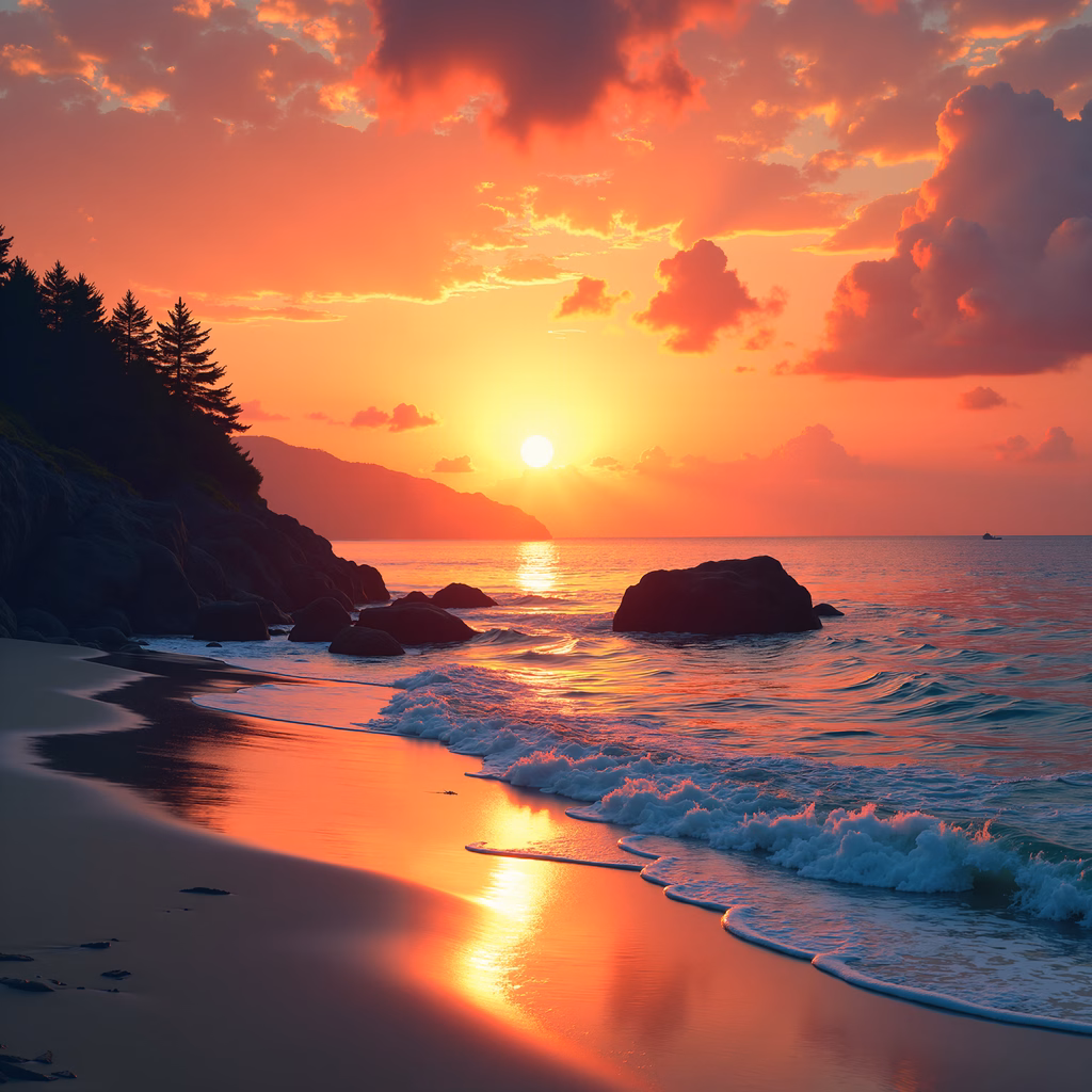 A stunning sunset over a peaceful beach with vibrant colors and serene waves.