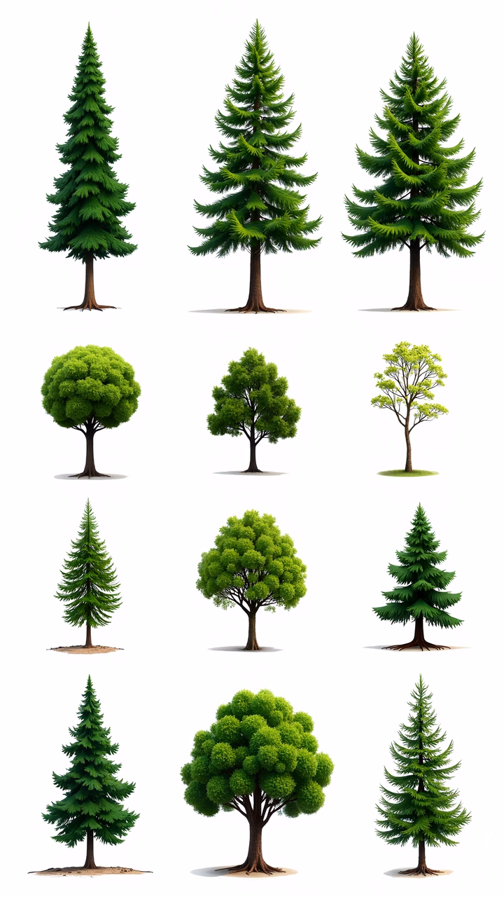 A collection of diverse tree illustrations in vibrant green hues on a white background.