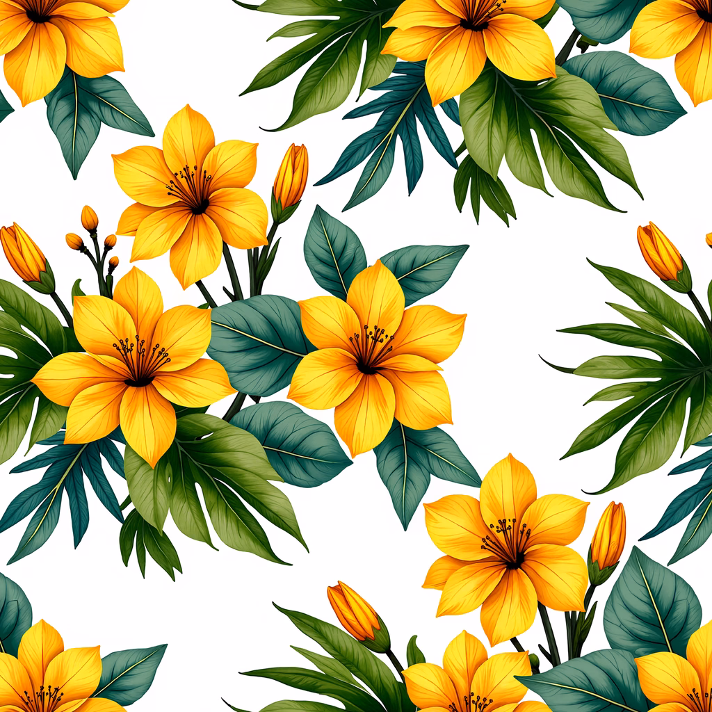 Vibrant tropical floral illustration with detailed petals and lush green leaves.