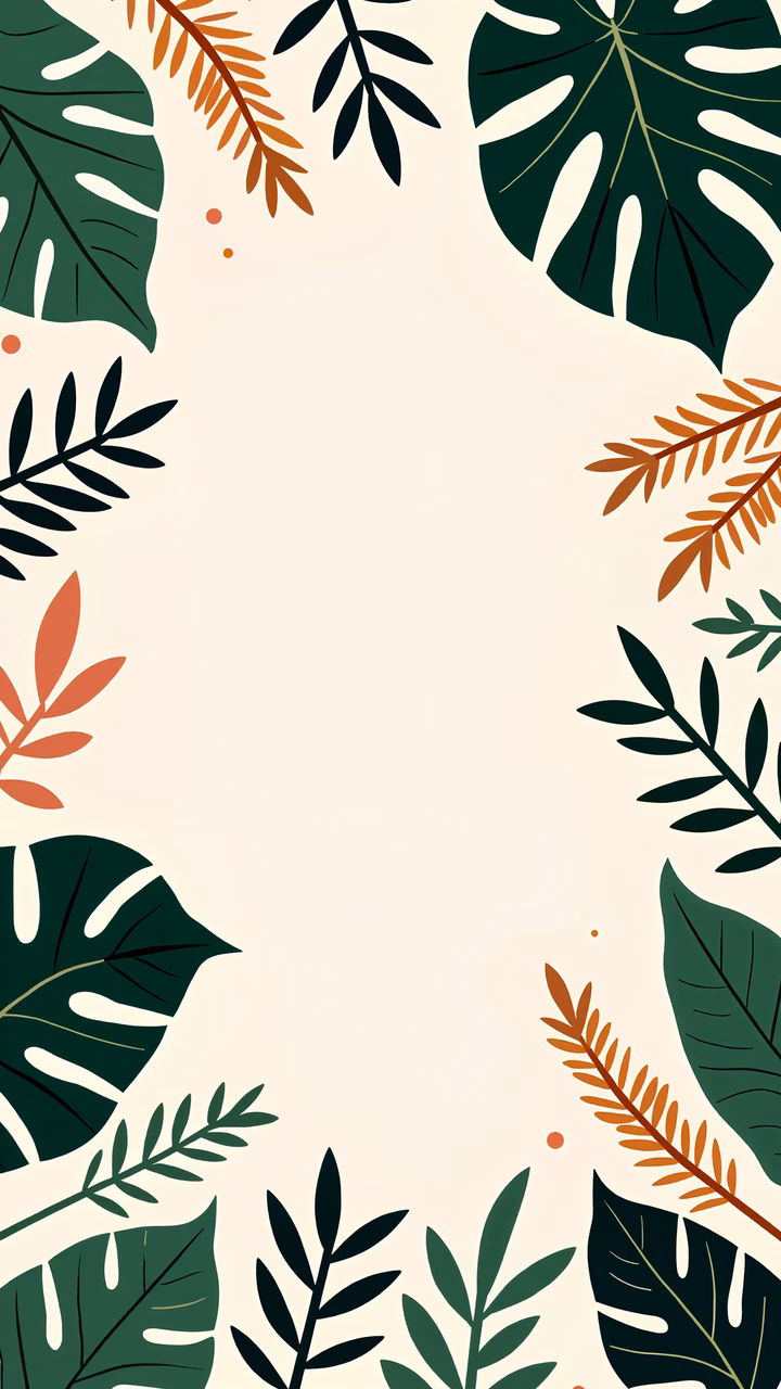 Vibrant tropical leaves in a flat, stylized illustration on a beige background.