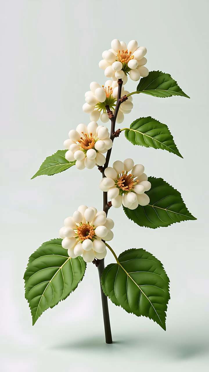 Delicate white blossoms and lush green leaves in a tranquil nature illustration.
