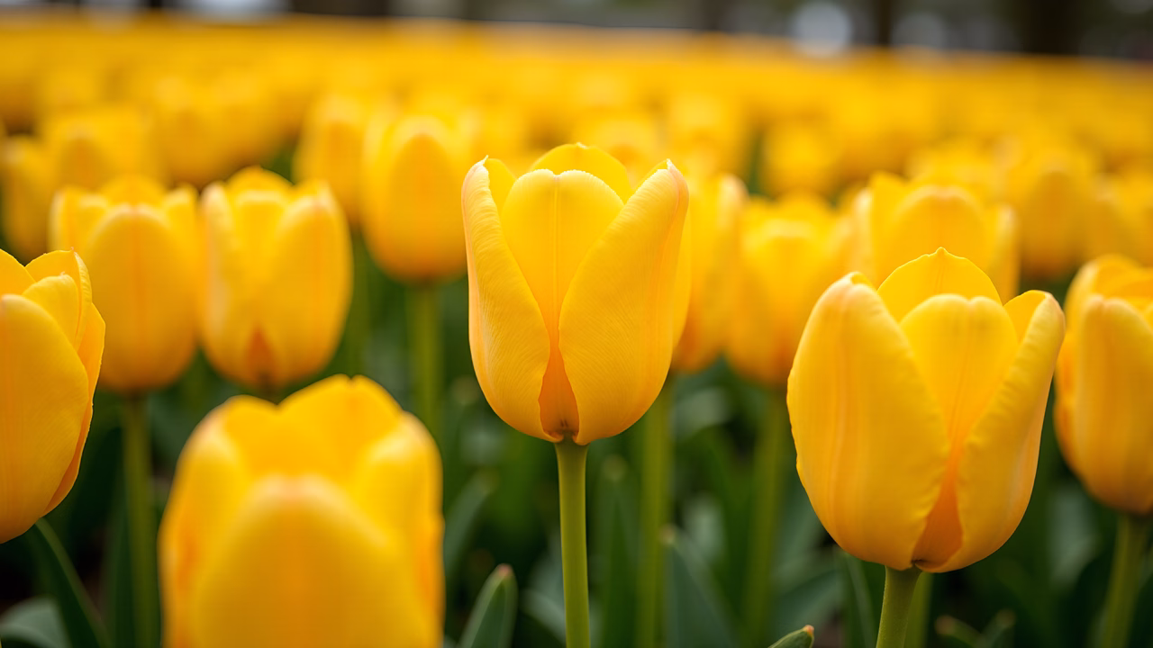 Close-up of bright yellow tulips in a lush garden setting.