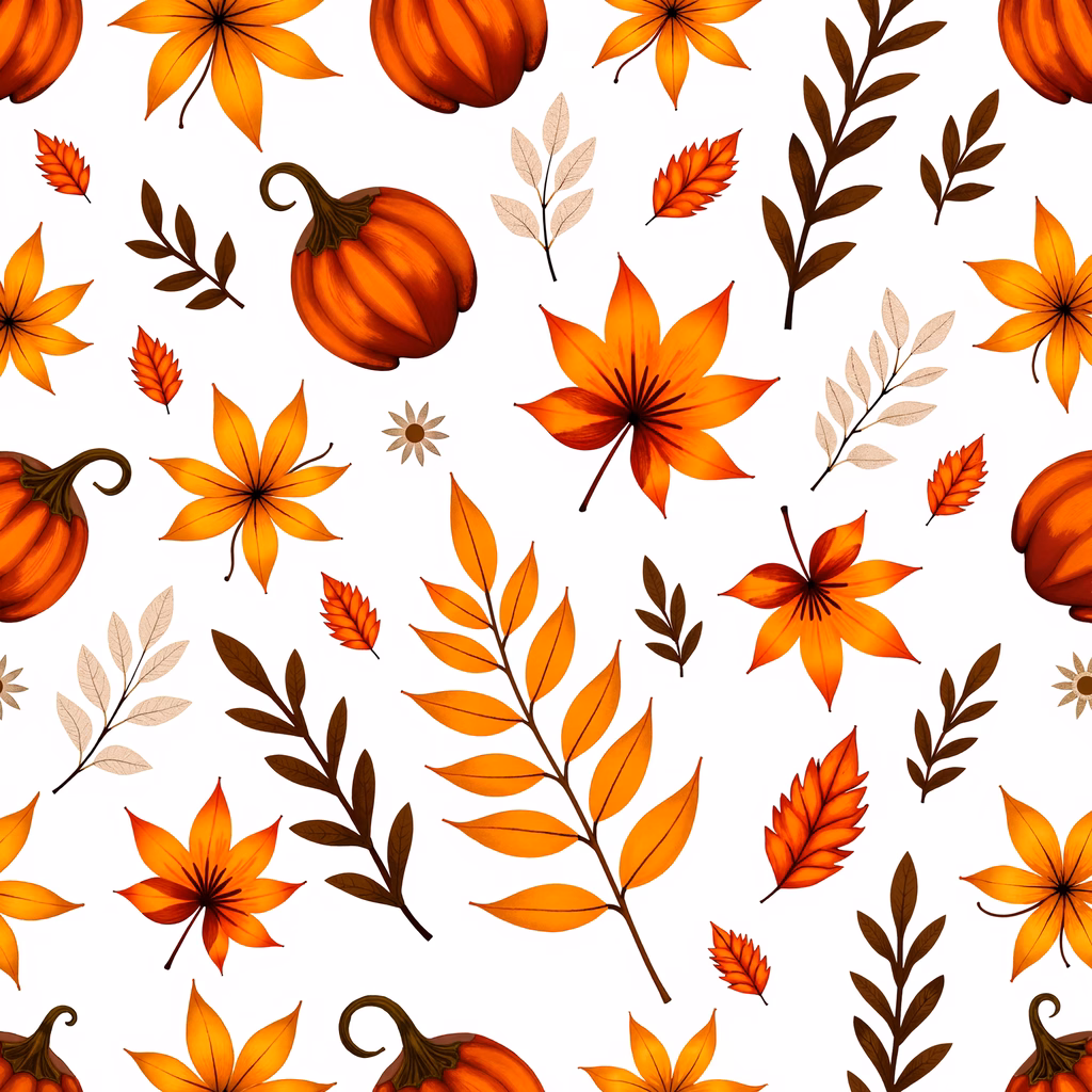 Bright autumn leaves and pumpkins in a festive illustration.