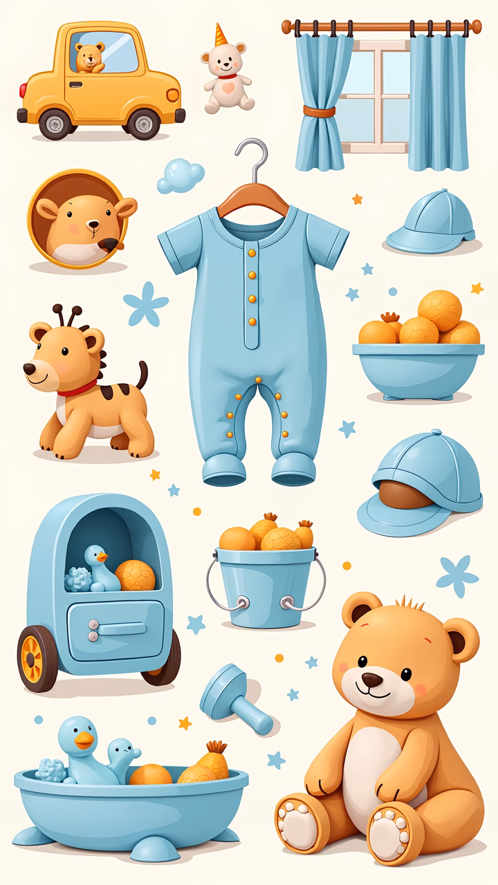 Cute baby shower illustration with soft colors and playful details.