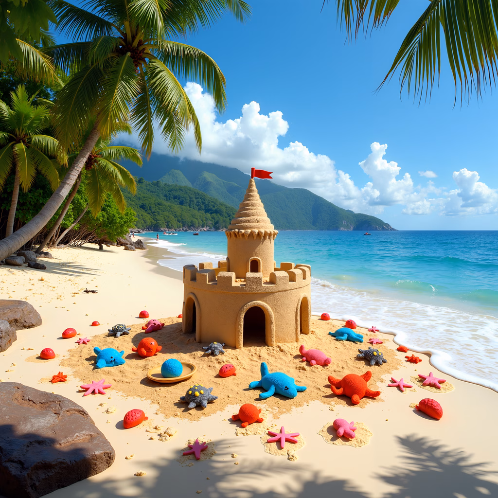 Brightly colored sandcastle on a sunny beach with toy sea creatures and starfish.