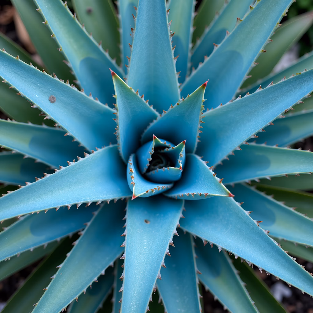 Close-up of a blue agave plant with vibrant blue-green hues and sharp serrated leaves.