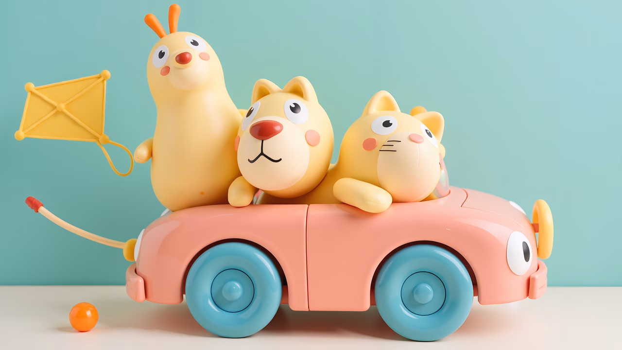 Three cute animals having fun in a colorful car ride!