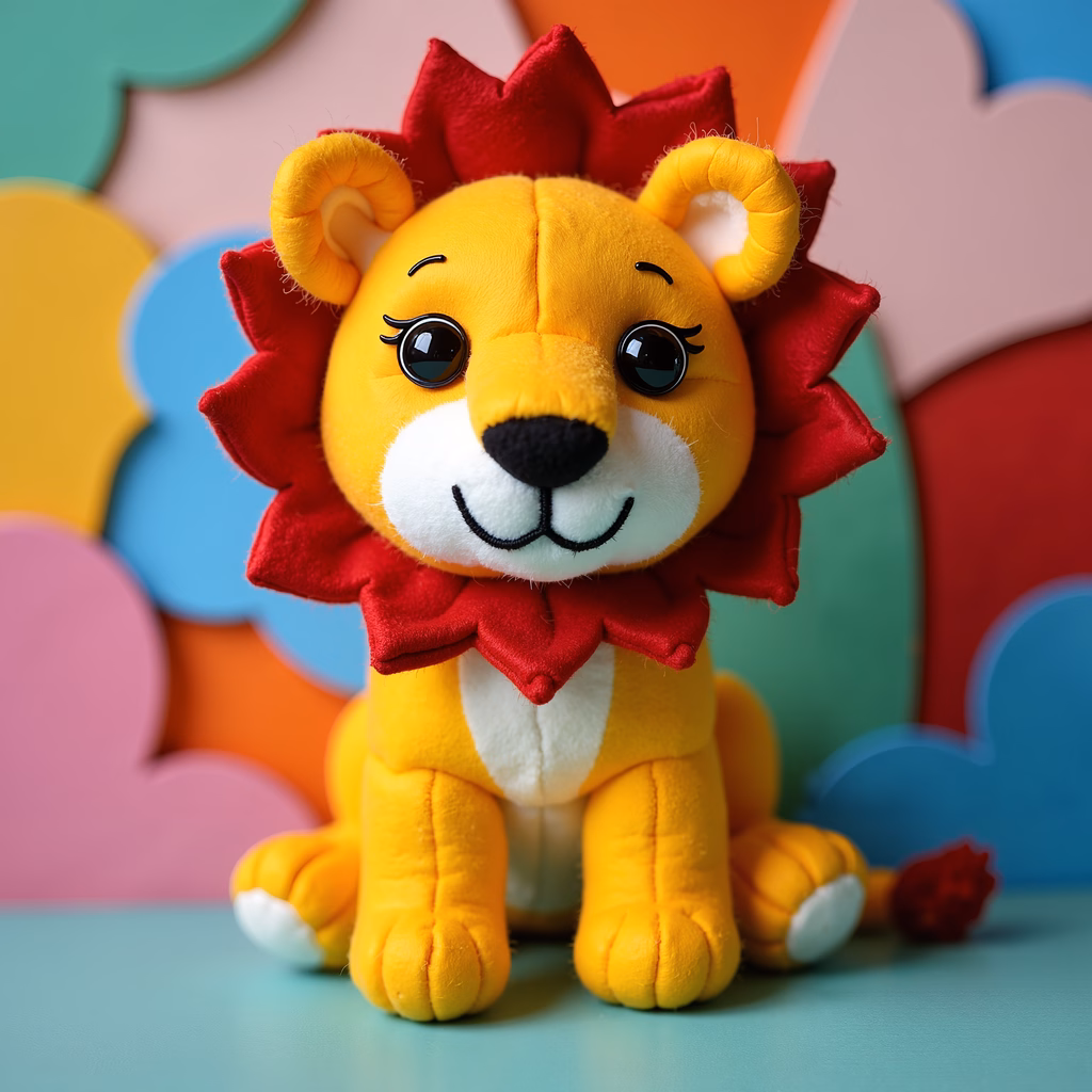 Cute cartoon lion plush toy with bright colors and friendly expression.