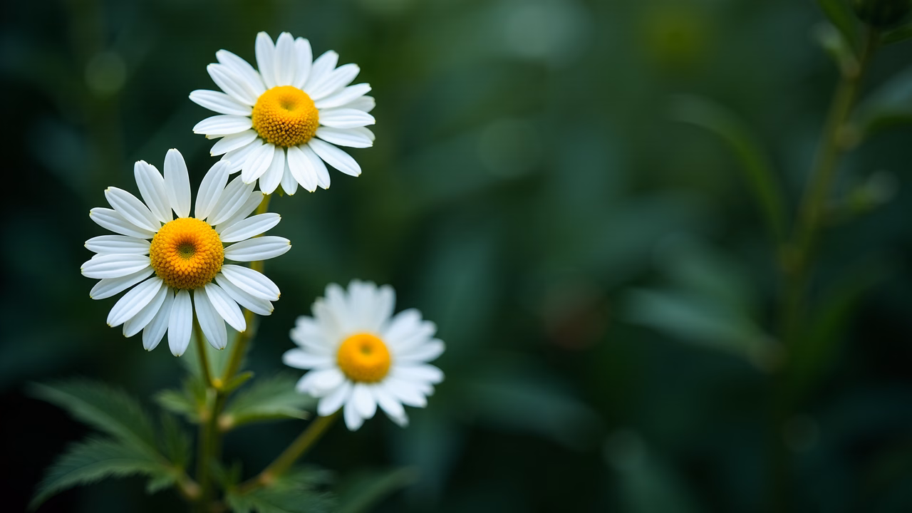 Close-up of chamomile flowers with vibrant yellow centers and soft green background.