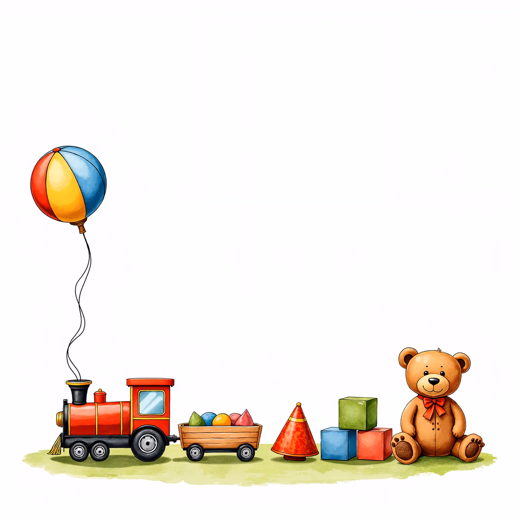Brightly colored toys and a teddy bear create a nostalgic childhood scene.