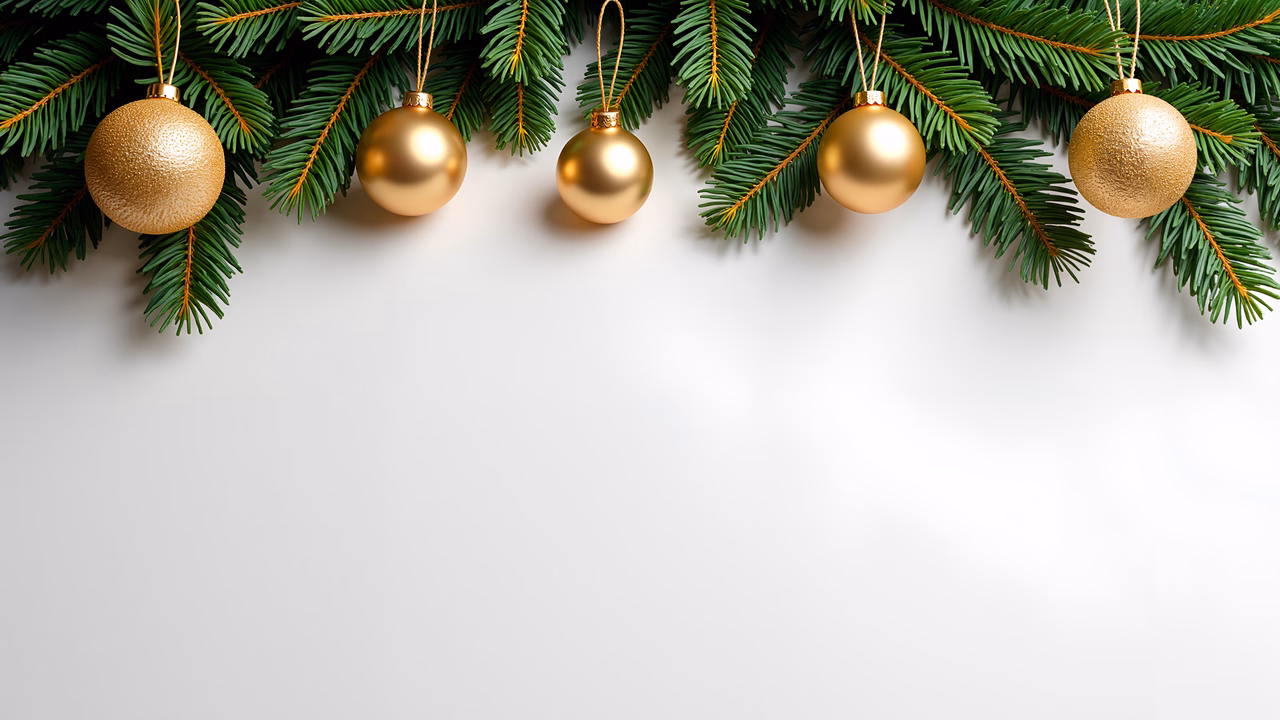 Golden baubles and pine branches create a festive holiday illustration.