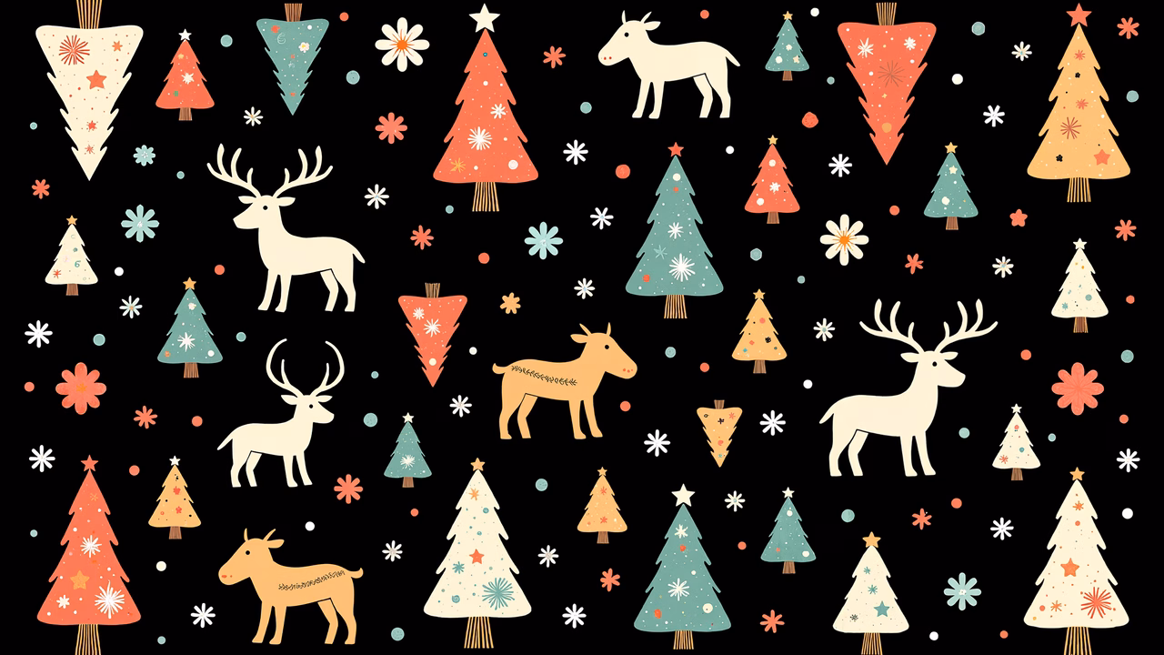 Whimsical Christmas forest with reindeer and moose on a black background.