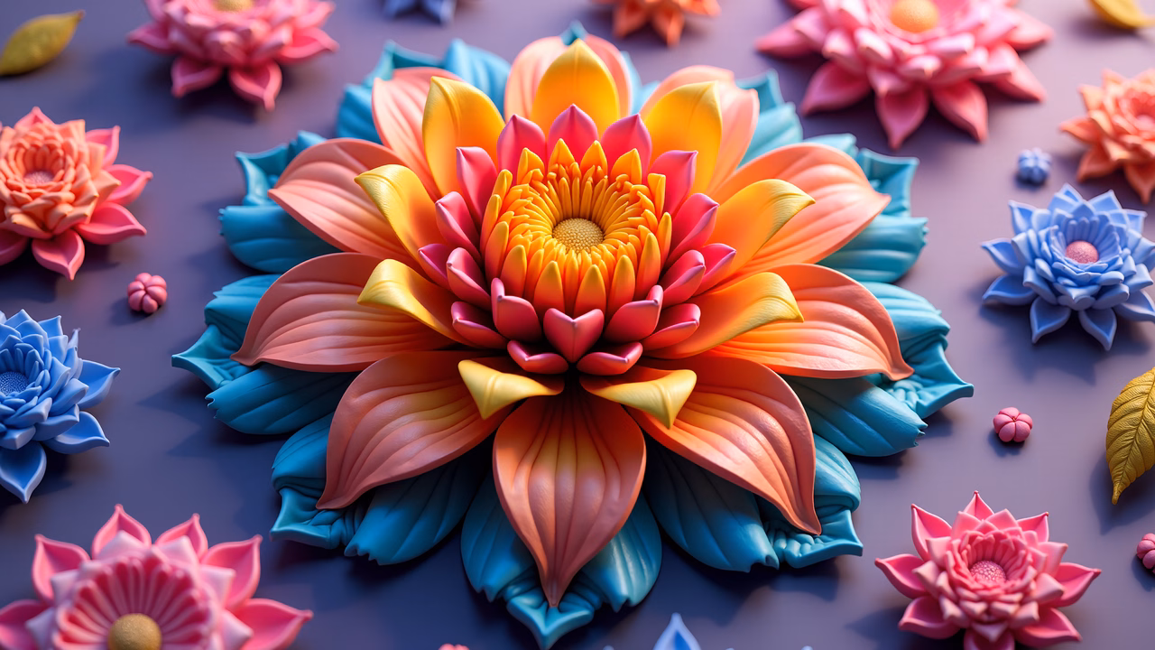 Vibrant floral illustration with glossy petals and soft purple background.