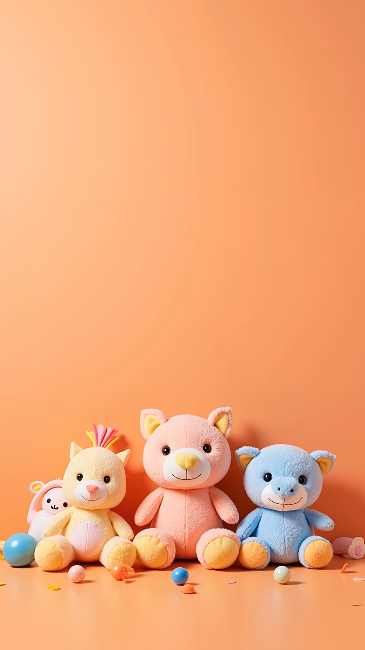 A delightful arrangement of plush toys on a peach background, perfect for children’s photography.