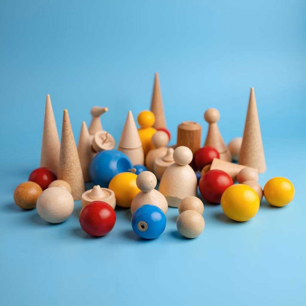 Brightly colored wooden shapes on a blue background, perfect for children's play and learning.