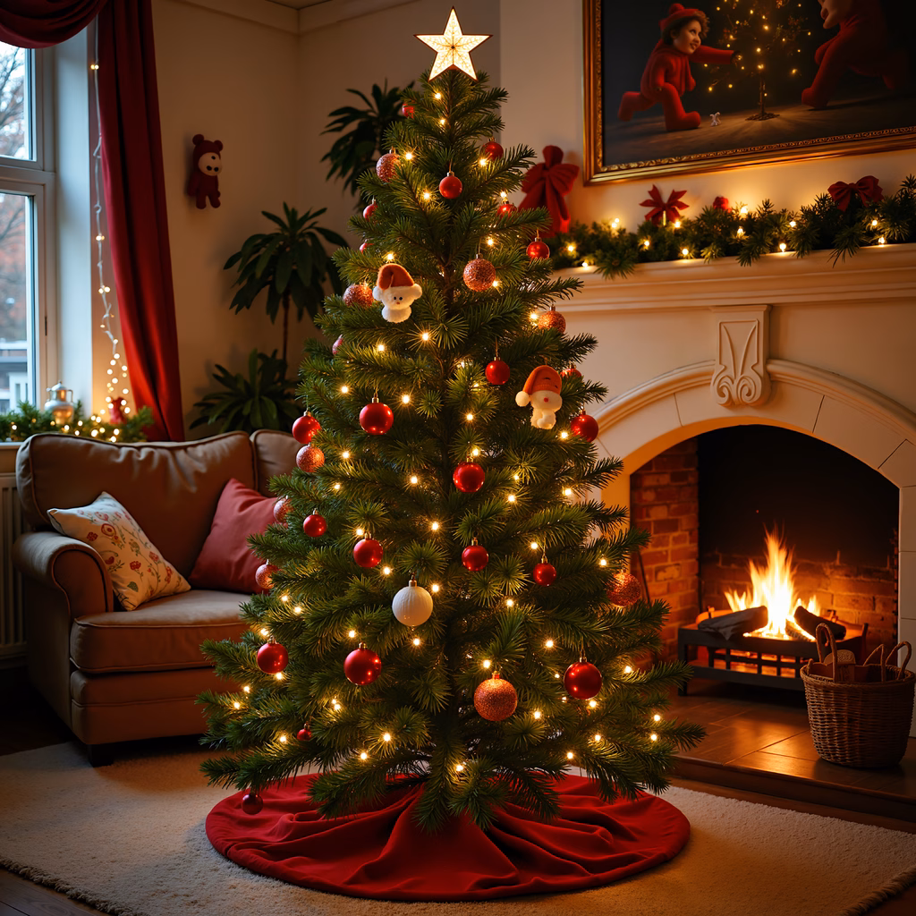 A festive Christmas tree in a cozy living room with a warm fireplace.