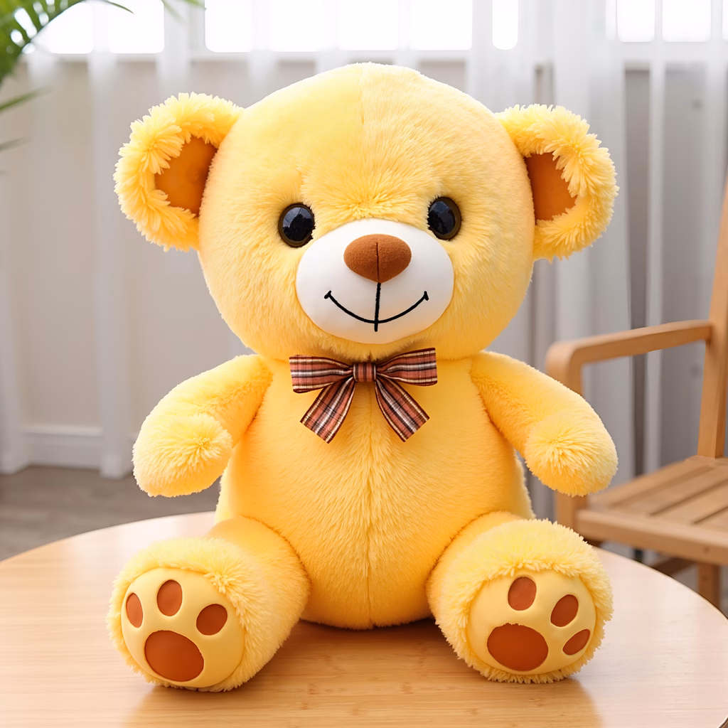 A cute, cuddly yellow teddy bear with a plaid bow, perfect for children and teddy bear lovers.