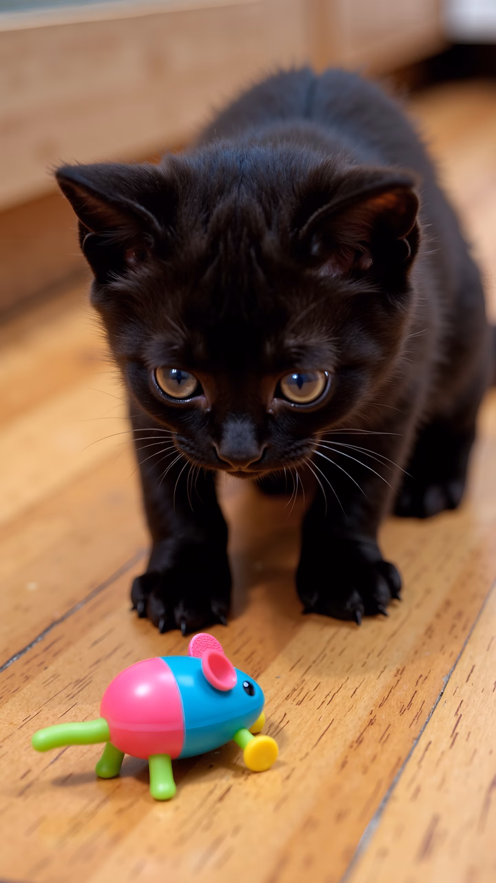 A black kitten with golden eyes curiously observing a colorful toy mouse on a wooden floor.