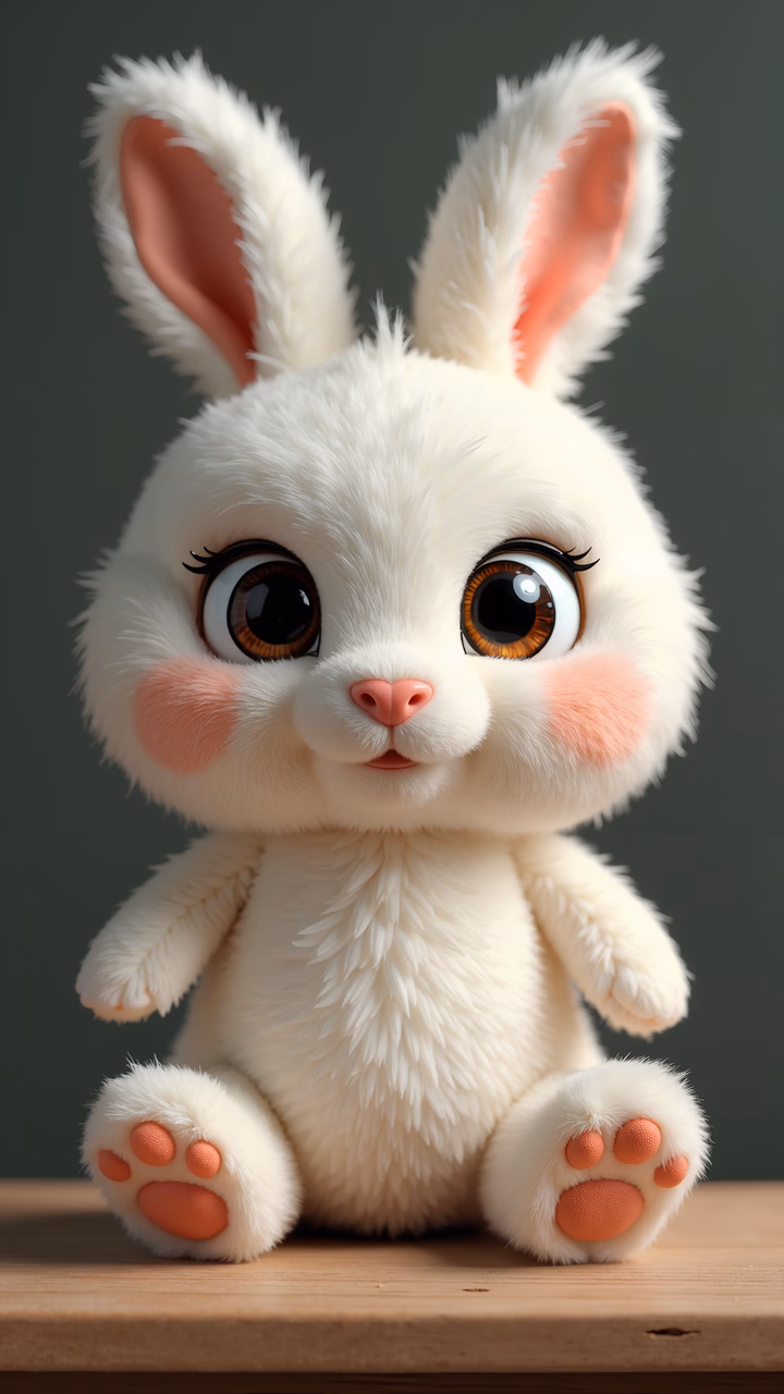 A cute, fluffy bunny with big eyes sitting on a wooden surface, perfect for children's art.