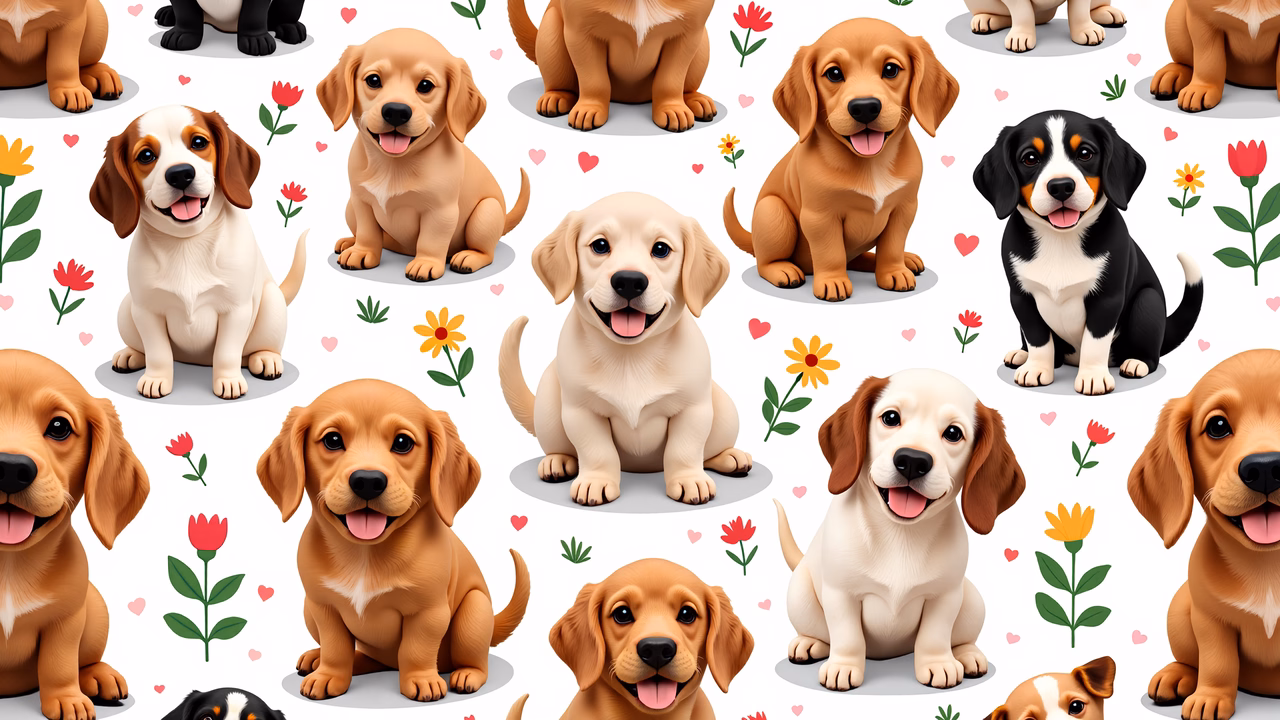 Cute cartoon puppies with pastel colors and floral accents.