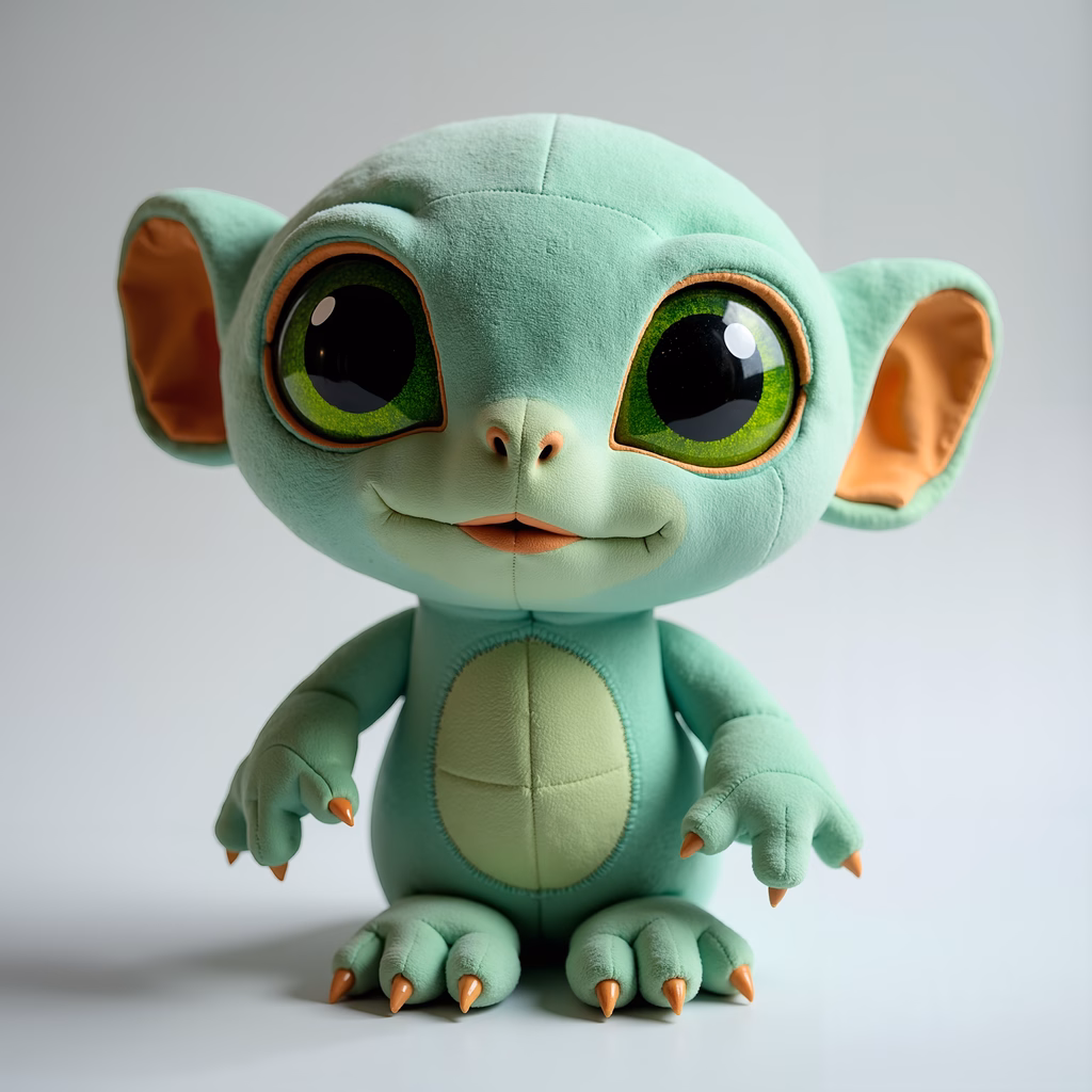 A cute plush monster with big eyes and soft mint-green fur, perfect for children's toys.